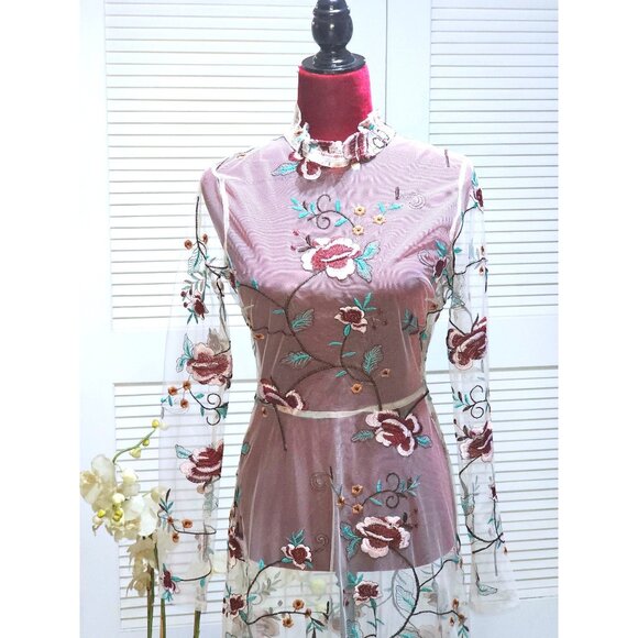 NWT Endless Rose Women's Embroidered Boho Sheer Overlay Midi Dress Sz Xs 2452 - Picture 11 of 16